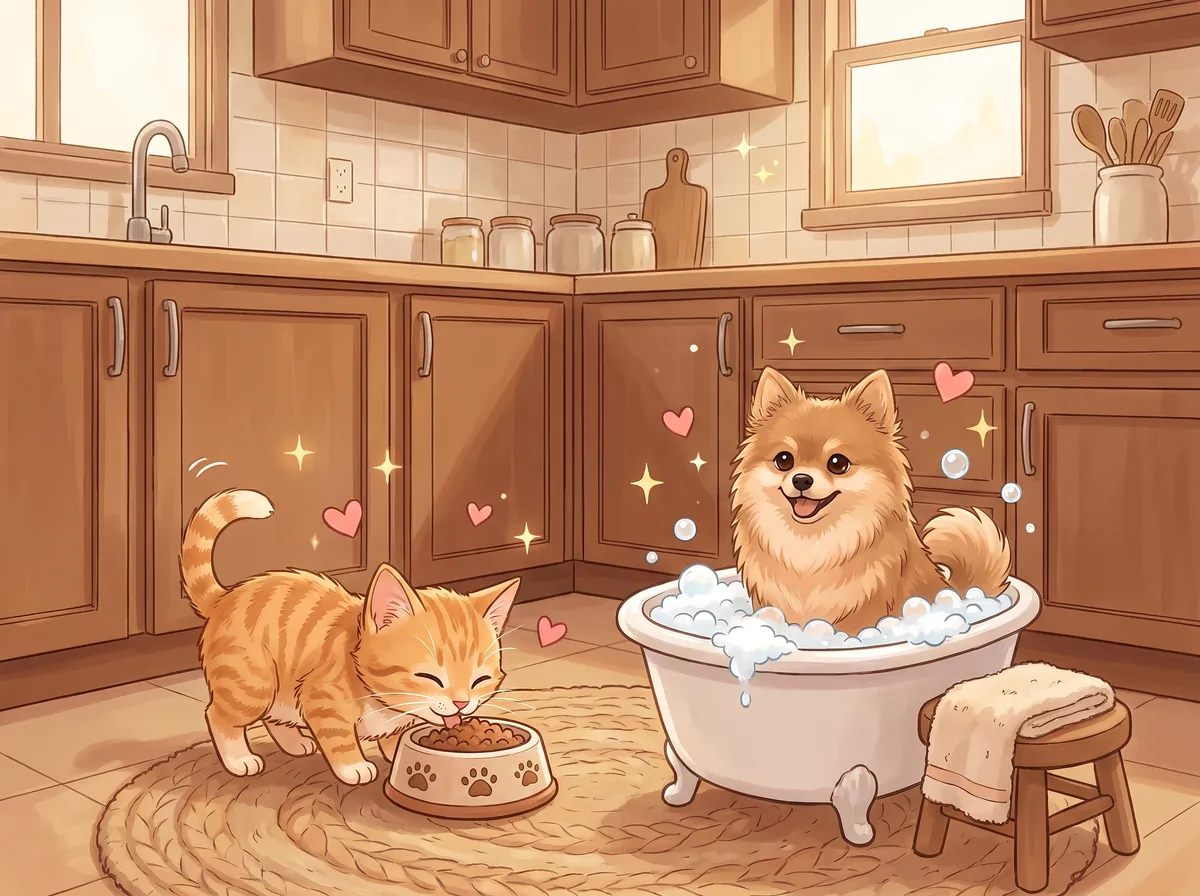 Anak kucing makan dan anak anjing mandi buih