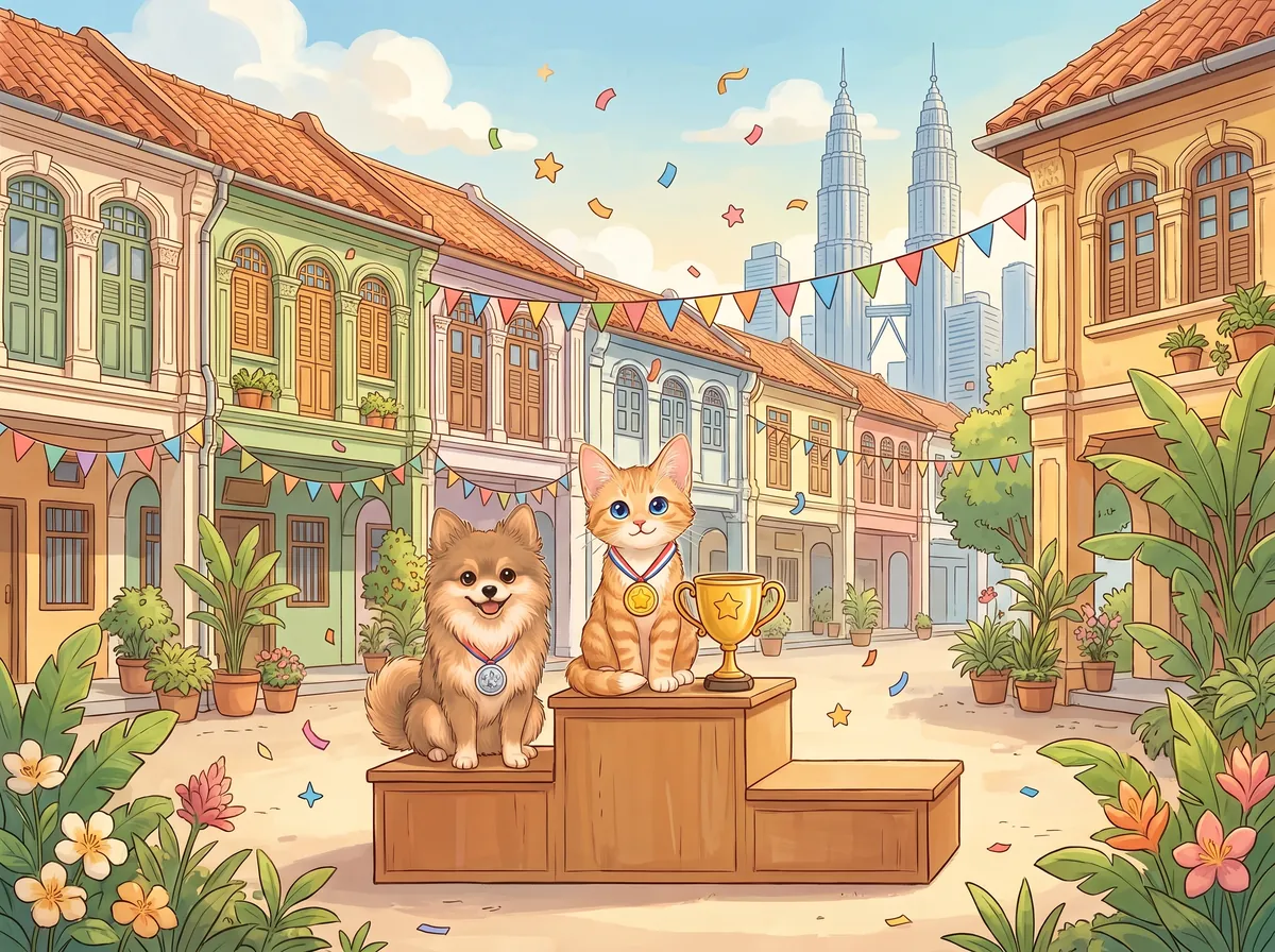 Anak kucing dan anak anjing atas podium pemenang